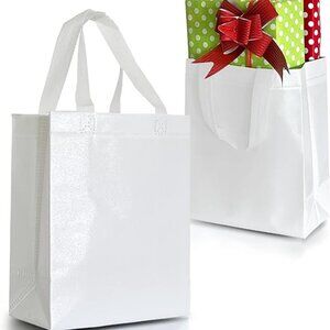 White Gift Bags Medium Size–Set of 12 Shiny White Reusable Gift Bags With Handle